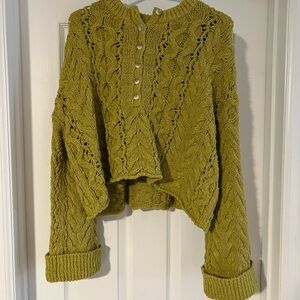 Free People Olive Green Cable Knit Button-Front Sweater